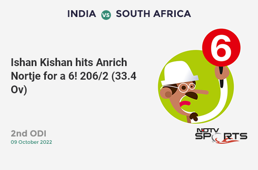 IND vs SA: 2nd ODI: It's a SIX! Ishan Kishan hits Anrich Nortje. IND 206/2 (33.4 Ov). Target: 279; RRR: 4.47