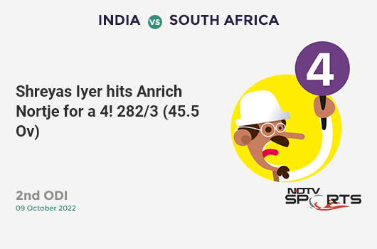 IND vs SA: 2nd ODI: Shreyas Iyer hits Anrich Nortje for a 4! IND 282/3 (45.5 Ov). Target: 279; CRR: 6.15