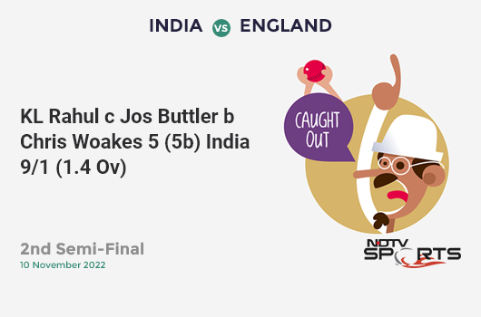 IND vs ENG: 2nd Semi-Final: WICKET! KL Rahul c Jos Buttler b Chris Woakes 5 (5b, 1x4, 0x6). IND 9/1 (1.4 Ov). CRR: 5.4