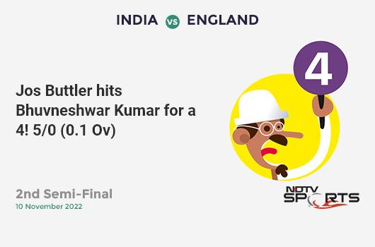 IND vs ENG: 2nd Semi-Final: Jos Buttler hits Bhuvneshwar Kumar for a 4! ENG 5/0 (0.1 Ov). Target: 169; RRR: 8.27