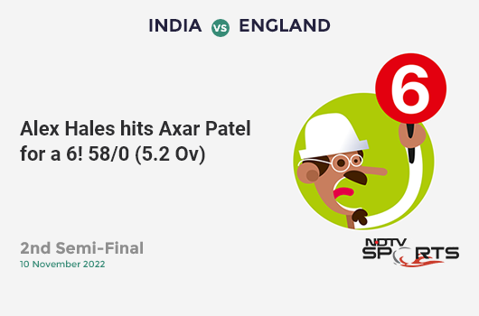 IND vs ENG: 2nd Semi-Final: It's a SIX! Alex Hales hits Axar Patel. ENG 58/0 (5.2 Ov). Target: 169; RRR: 7.57