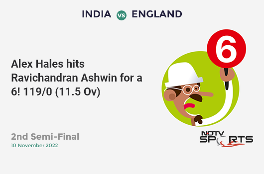 IND vs ENG: 2nd Semi-Final: It's a SIX! Alex Hales hits Ravichandran Ashwin. ENG 119/0 (11.5 Ov). Target: 169; RRR: 6.12