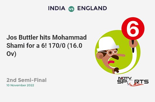 IND vs ENG: 2nd Semi-Final: It's a SIX! Jos Buttler hits Mohammad Shami. ENG 170/0 (16.0 Ov). Target: 169; CRR: 10.63
