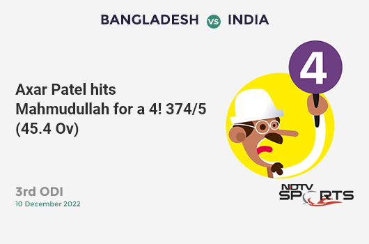 BAN vs IND: 3rd ODI: Axar Patel hits Mahmudullah for a 4! IND 374/5 (45.4 Ov). CRR: 8.19