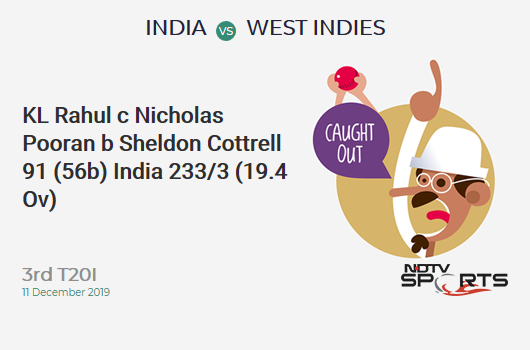 IND vs WI: 3rd T20I: WICKET! KL Rahul c Nicholas Pooran b Sheldon Cottrell 91 (56b, 9x4, 4x6). India 233/3 (19.4 Ov). CRR: 11.84