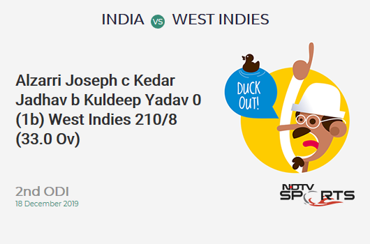 IND vs WI: 2nd ODI: WICKET! Alzarri Joseph c Kedar Jadhav b Kuldeep Yadav 0 (1b, 0x4, 0x6). West Indies 210/8 (33.0 Ov). Target: 388; RRR: 10.47
