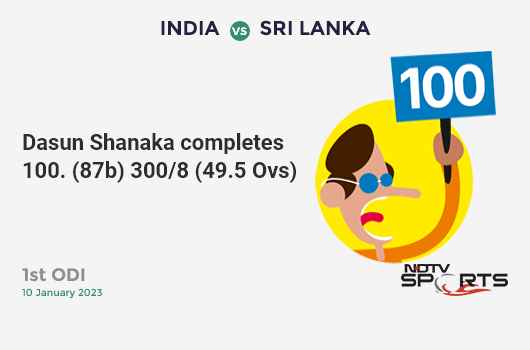 IND vs SL: 1st ODI: It's a 100! Dasun Shanaka hits a ton 102 (87b, 12x4, 2x6). SL 300/8 (49.5 Ovs). Target: 374; RRR: 444