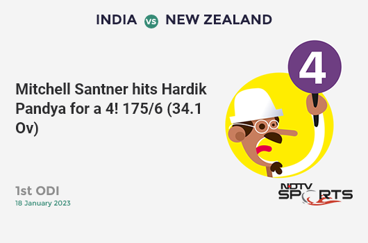 IND vs NZ: 1st ODI: Mitchell Santner hits Hardik Pandya for a 4! NZ 175/6 (34.1 Ov). Target: 350; RRR: 11.05