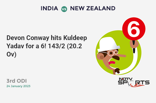 IND vs NZ: 3rd ODI: It's a SIX! Devon Conway hits Kuldeep Yadav. NZ 143/2 (20.2 Ov). Target: 386; RRR: 8.19
