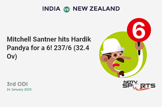 IND vs NZ: 3rd ODI: It's a SIX! Mitchell Santner hits Hardik Pandya. NZ 237/6 (32.4 Ov). Target: 386; RRR: 8.60