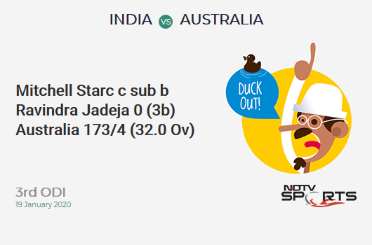 IND vs AUS: 3rd ODI: WICKET! Mitchell Starc c sub b Ravindra Jadeja 0 (3b, 0x4, 0x6). Australia 173/4 (32.0 Ov). CRR: 5.40