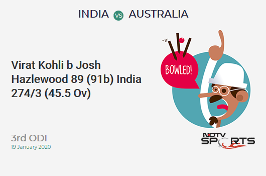 IND vs AUS: 3rd ODI: WICKET! Virat Kohli b Josh Hazlewood 89 (91b, 8x4, 0x6). India 274/3 (45.5 Ov). Target: 287; RRR: 3.12