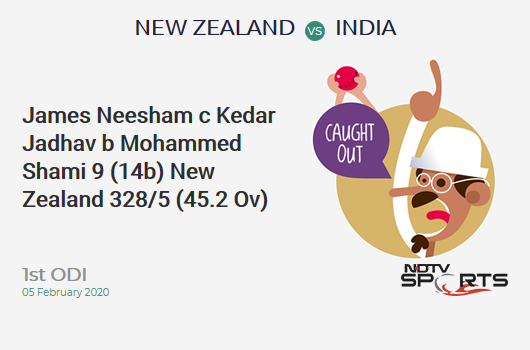 NZ vs IND: 1st ODI: WICKET! James Neesham c Kedar Jadhav b Mohammed Shami 9 (14b, 1x4, 0x6). न्यूज़ीलैंड 328/5 (45.2 Ov). Target: 348; RRR: 4.29