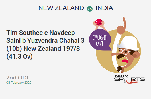 NZ vs IND: 2nd ODI: WICKET! Tim Southee c Navdeep Saini b Yuzvendra Chahal 3 (10b, 0x4, 0x6). न्यूज़ीलैंड 197/8 (41.3 Ov). CRR: 4.74