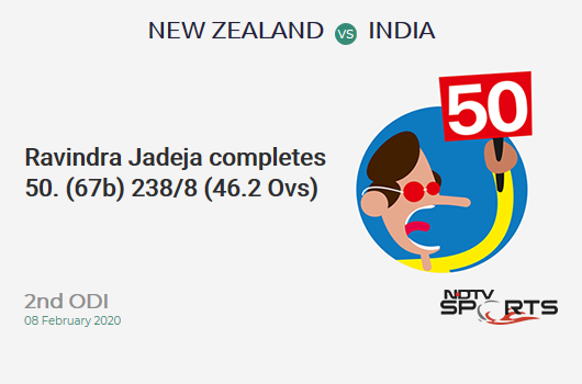 NZ vs IND: 2nd ODI: FIFTY! Ravindra Jadeja completes 50 (67b, 2x4, 1x6). भारत 238/8 (46.2 Ovs). Target: 274; RRR: 9.82