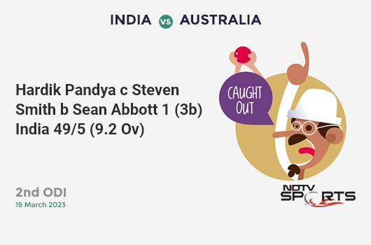 IND vs AUS: 2nd ODI: Wicket!  Hardik Pandya c Steven Smith b Sean Abbott 1 (3b, 0x4, 0x6).  India 49/5 (9.2 overs).  CRR: 5.25