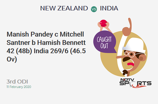 NZ vs IND: 3rd ODI: WICKET! Manish Pandey c Mitchell Santner b Hamish Bennett 42 (48b, 2x4, 0x6). भारत 269/6 (46.5 Ov). CRR: 5.74