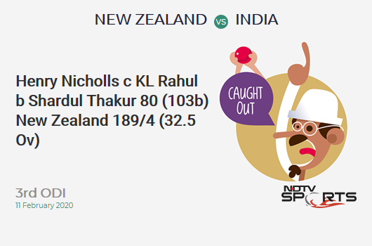NZ vs IND: 3rd ODI: WICKET! Henry Nicholls c KL Rahul b Shardul Thakur 80 (103b, 9x4, 0x6). न्यूज़ीलैंड 189/4 (32.5 Ov). Target: 297; RRR: 6.29