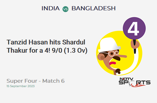 IND vs BAN: Super Four - Match 6: Tanzid Hasan hits Shardul Thakur for a 4! BAN 9/0 (1.3 Ov). CRR: 6