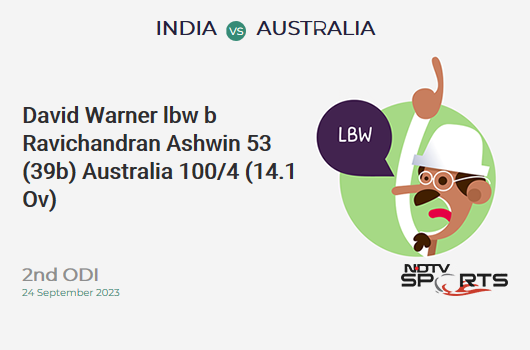 IND vs AUS: 2nd ODI: WICKET! David Warner lbw b Ravichandran Ashwin 53 (39b, 7x4, 1x6). AUS 100/4 (14.1 Ov). Target: 317; RRR: 11.52