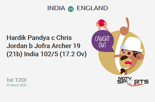 IND vs ENG: 1st T20I: WICKET! Hardik Pandya c Chris Jordan b Jofra Archer 19 (21b, 1x4, 1x6). IND 102/5 (17.2 Ov). CRR: 5.88