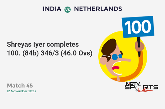 IND vs NED: Match 45: It's a 100! Shreyas Iyer hits a ton 100 (84b, 9x4, 2x6). IND 346/3 (46.0 Ovs). CRR: 7.52