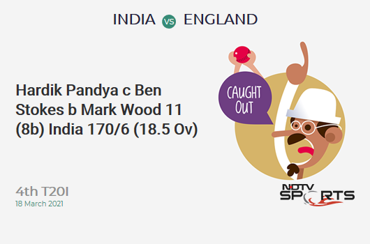 IND vs ENG: 4th T20I: WICKET! Hardik Pandya c Ben Stokes b Mark Wood 11 (8b, 0x4, 1x6). IND 170/6 (18.5 Ov). CRR: 9.03