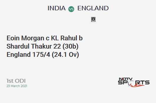 IND vs ENG: 1st ODI: WICKET! Eoin Morgan c KL Rahul b Shardul Thakur 22 (30b, 1x4, 1x6). ENG 175/4 (24.1 Ov). Target: 318; RRR: 5.54