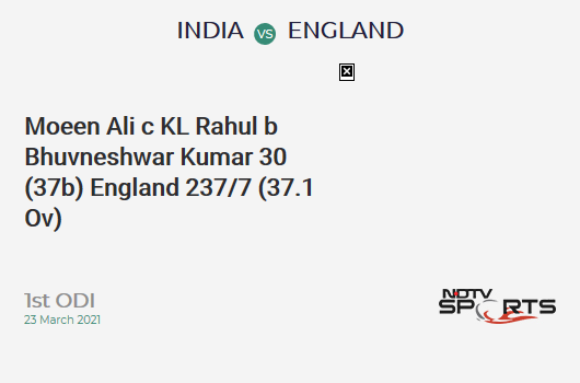 IND vs ENG: 1st ODI: WICKET! Moeen Ali c KL Rahul b Bhuvneshwar Kumar 30 (37b, 2x4, 1x6). ENG 237/7 (37.1 Ov). Target: 318; RRR: 6.31