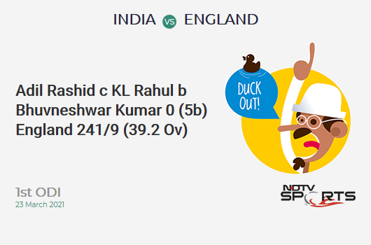 IND vs ENG: 1st ODI: WICKET! Adil Rashid c KL Rahul b Bhuvneshwar Kumar 0 (5b, 0x4, 0x6). ENG 241/9 (39.2 Ov). Target: 318; RRR: 7.22