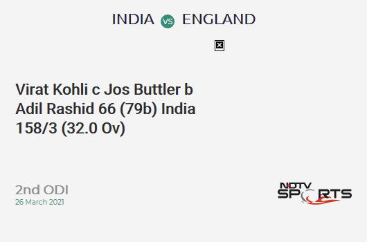 IND vs ENG: 2nd ODI: WICKET! Virat Kohli c Jos Buttler b Adil Rashid 66 (79b, 3x4, 1x6). IND 158/3 (32.0 Ov). CRR: 4.94