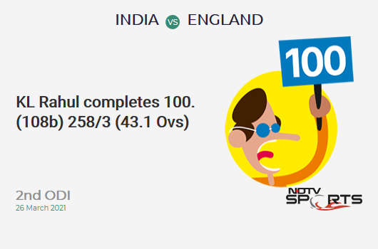 IND vs ENG: 2nd ODI: It's a 100! KL Rahul hits a ton 100 (108b, 6x4, 2x6). IND 258/3 (43.1 Ovs). CRR: 5.98