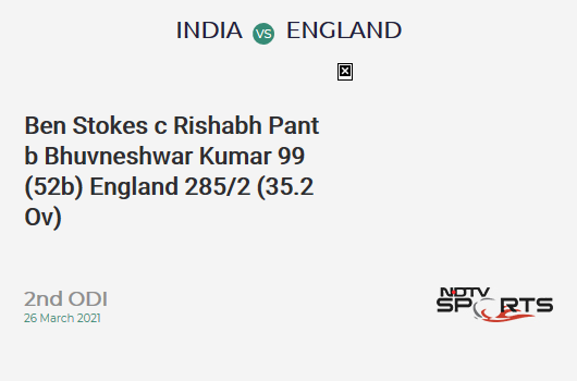 IND vs ENG: 2nd ODI: WICKET! Ben Stokes c Rishabh Pant b Bhuvneshwar Kumar 99 (52b, 4x4, 10x6). ENG 285/2 (35.2 Ov). Target: 337; RRR: 3.55
