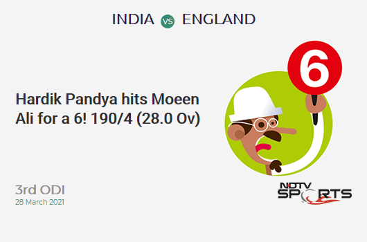 IND vs ENG: 3rd ODI: It's a SIX! Hardik Pandya hits Moeen Ali. IND 190/4 (28.0 Ov). CRR: 6.79