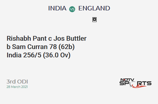 IND vs ENG: 3rd ODI: WICKET! Rishabh Pant c Jos Buttler b Sam Curran 78 (62b, 5x4, 4x6). IND 256/5 (36.0 Ov). CRR: 7.11