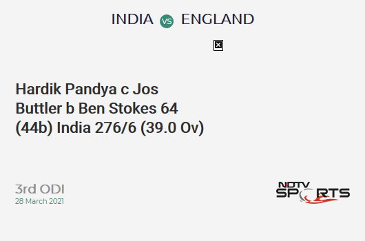 IND vs ENG: 3rd ODI: WICKET! Hardik Pandya c Jos Buttler b Ben Stokes 64 (44b, 5x4, 4x6). IND 276/6 (39.0 Ov). CRR: 7.08