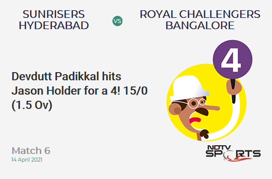 SRH vs RCB: Match 6: Devdutt Padikkal hits Jason Holder for a 4! RCB 15/0 (1.5 Ov). CRR: 8.18