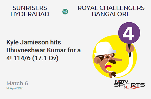 SRH vs RCB: Match 6: Kyle Jamieson hits Bhuvneshwar Kumar for a 4! RCB 114/6 (17.1 Ov). CRR: 6.64
