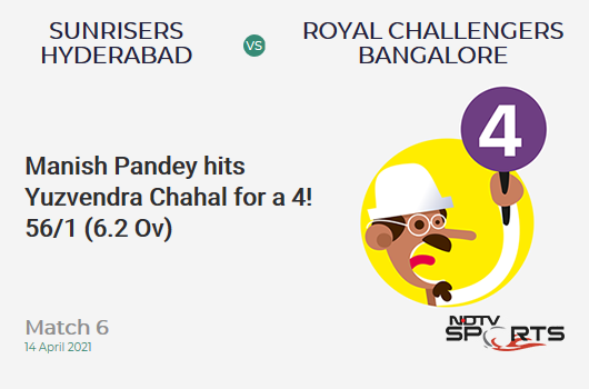SRH vs RCB: Match 6: Manish Pandey hits Yuzvendra Chahal for a 4! SRH 56/1 (6.2 Ov). Target: 150; RRR: 6.88