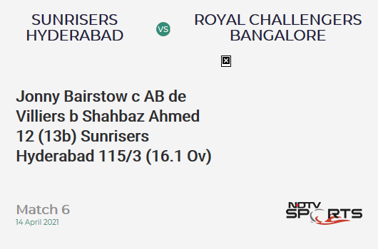 SRH vs RCB: Match 6: WICKET! Jonny Bairstow c AB de Villiers b Shahbaz Ahmed 12 (13b, 1x4, 0x6). SRH 115/3 (16.1 Ov). Target: 150; RRR: 9.13