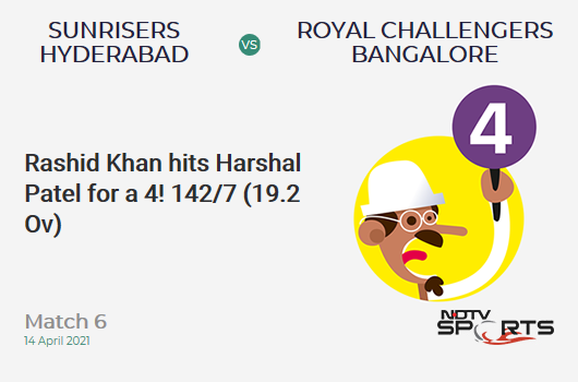 SRH vs RCB: Match 6: Rashid Khan hits Harshal Patel for a 4! SRH 142/7 (19.3 Ov). Target: 150; RRR: 16.00