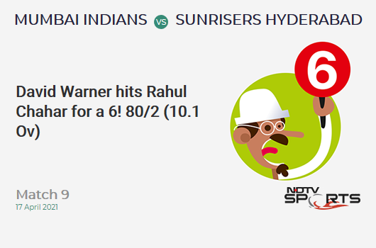 MI vs SRH: Match 9: It's a SIX! David Warner hits Rahul Chahar. SRH 80/2 (10.1 Ov). Target: 151; RRR: 7.22