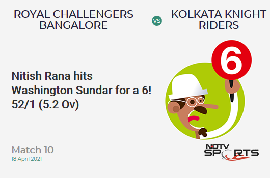 RCB vs KKR: Match 10: It's a SIX! Nitish Rana hits Washington Sundar. KKR 52/1 (5.2 Ov). Target: 205; RRR: 10.43