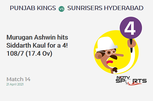 PBKS vs SRH: Match 14: Murugan Ashwin hits Siddarth Kaul for a 4! PBKS 108/7 (17.4 Ov). CRR: 6.11