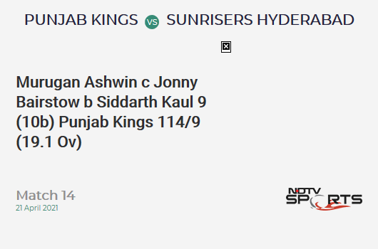 PBKS vs SRH: Match 14: WICKET! Murugan Ashwin c Jonny Bairstow b Siddarth Kaul 9 (10b, 1x4, 0x6). PBKS 114/9 (19.1 Ov). CRR: 5.95