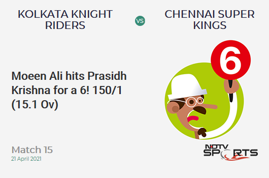 KKR vs CSK: Match 15: It's a SIX! Moeen Ali hits Prasidh Krishna. CSK 150/1 (15.1 Ov). CRR: 9.89