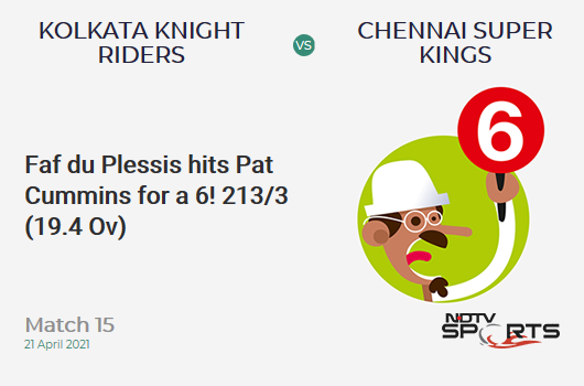 KKR vs CSK: Match 15: It's a SIX! Faf du Plessis hits Pat Cummins. CSK 213/3 (19.4 Ov). CRR: 10.83