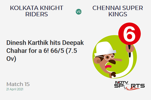 KKR vs CSK: Match 15: It's a SIX! Dinesh Karthik hits Deepak Chahar. KKR 66/5 (7.5 Ov). Target: 221; RRR: 12.74