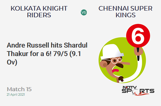 KKR vs CSK: Match 15: It's a SIX! Andre Russell hits Shardul Thakur. KKR 79/5 (9.1 Ov). Target: 221; RRR: 13.11