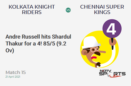 KKR vs CSK: Match 15: Andre Russell hits Shardul Thakur for a 4! KKR 85/5 (9.2 Ov). Target: 221; RRR: 12.75